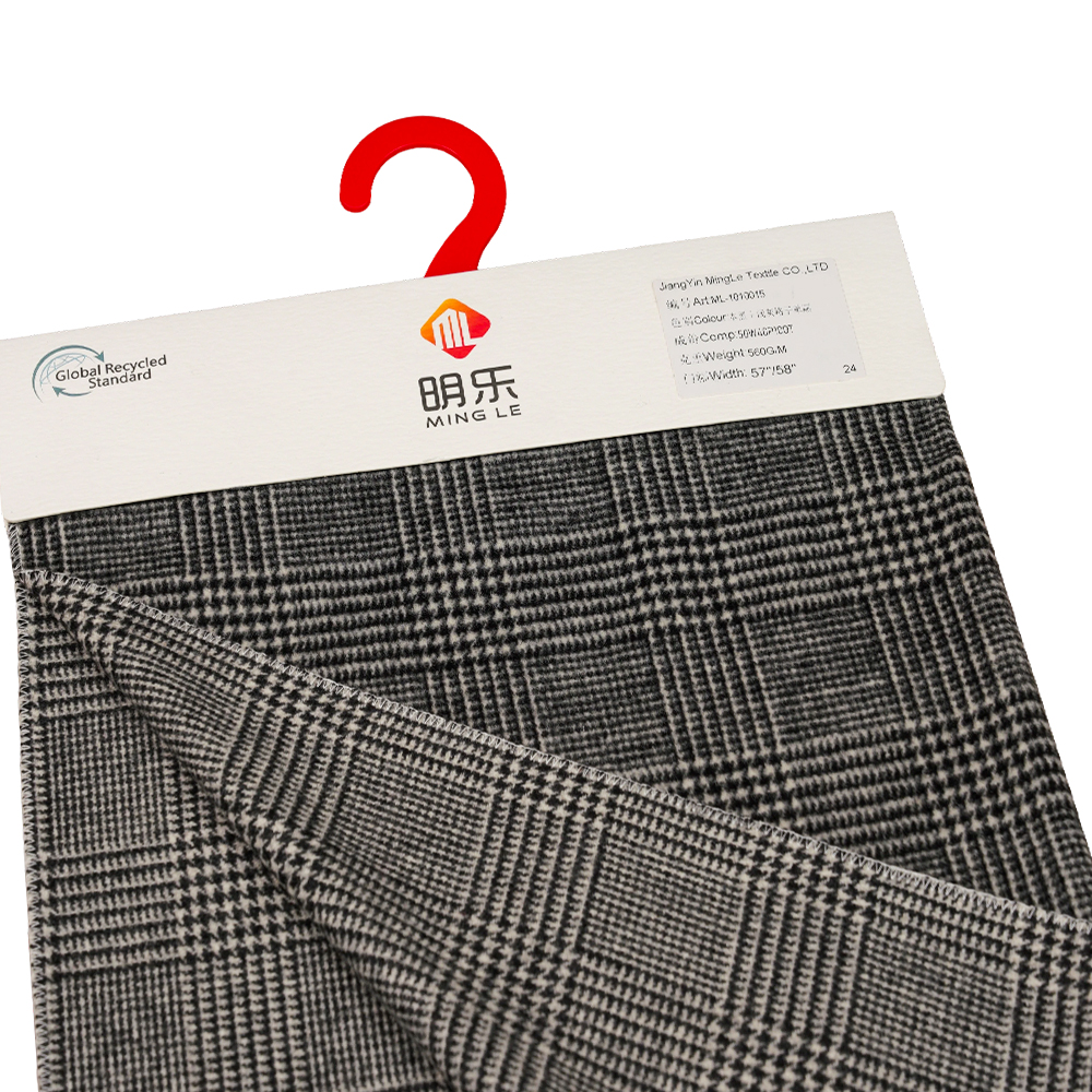 50% Wool, 40% Polyester, 10% Other Fiber, 560G/M, Black + Light Gray, Plaid Single-Face Overcoating Wool Fabric, ML-1010015